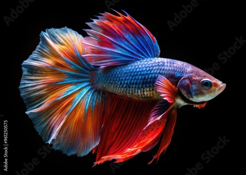 Vivid Photograph Of A Multi-Colored, Long-Finned Betafish Poised Mid-Swim Against A Black Background. photo
