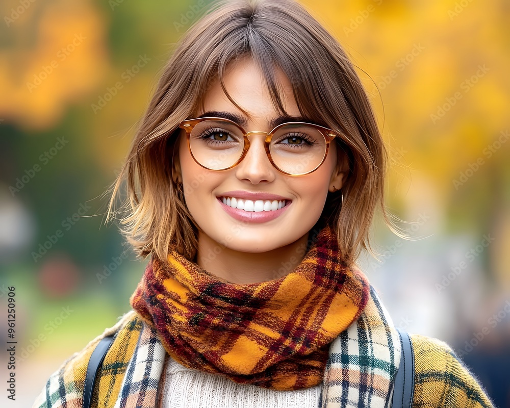Beautiful Woman Smiling in Autumn with Glasses and Plaid Scarf