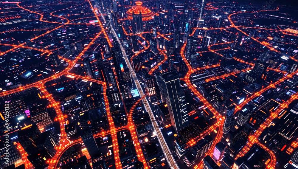 Fototapeta premium An aerial view of a network of glowing city streets and roads.