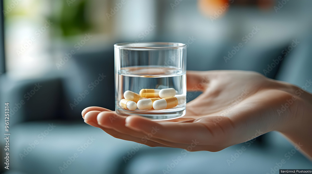 A hand holding a glass of water with capsules for medication. A hand holding a glass of water with capsules for medication.