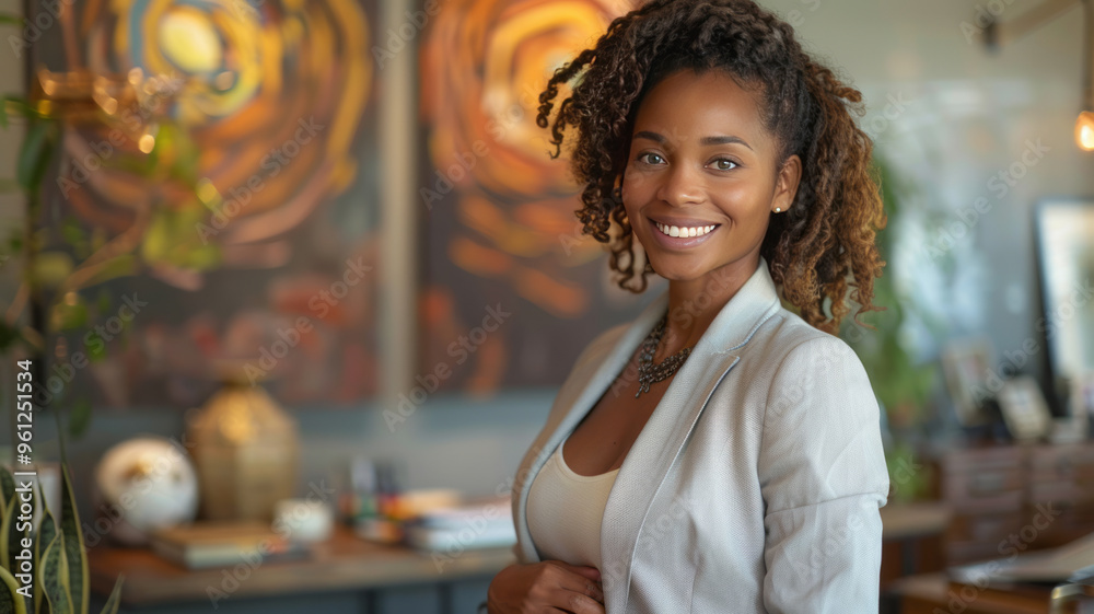 a pregnant African American business woman wearing a suit and high heels,smiling by office desk,collegues on the background at work a pregnant African American business woman wearing a suit and high heels,smiling by office desk,collegues on the background at work