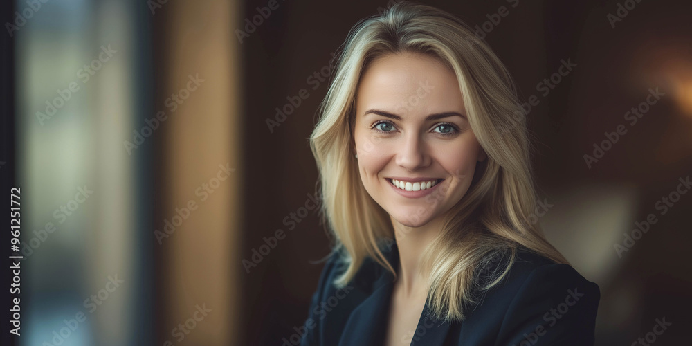 Fototapeta premium Beautiful woman, businessman of European appearance, 30-year-old lawyer in a business suit for a law firm, close-up with a smile on her face. Business style. Office work concept. Advertising banner.