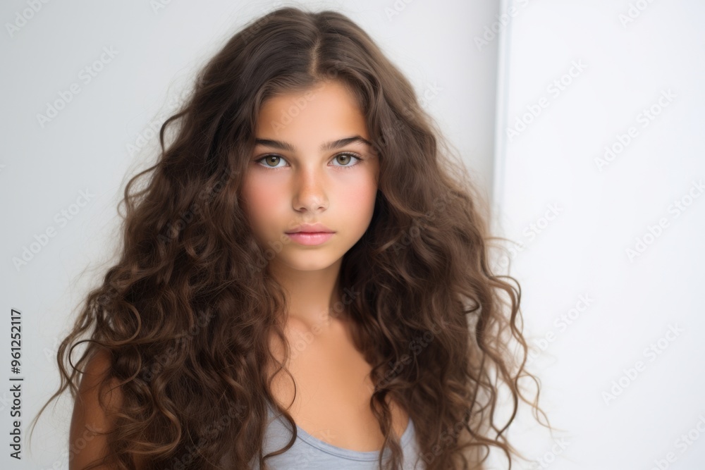 A girl with long brown hair is standing in front of a white wall A girl with long brown hair is standing in front of a white wall