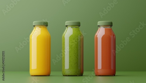 Three colorful juice bottles in yellow, green, and red on a vibrant green background, ideal for healthy lifestyle themes. photo