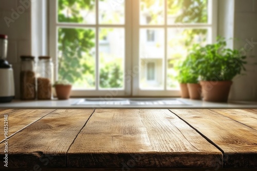 Wooden table top with copy space on blurred kitchen room interior and summer window background , ai