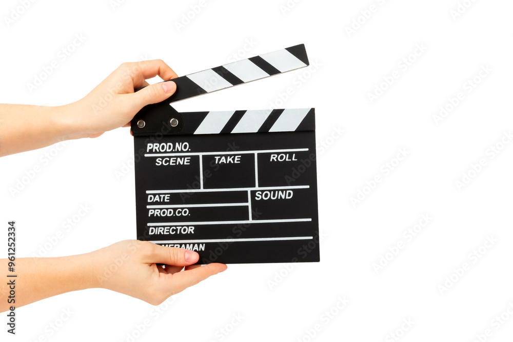 Naklejka premium Movie clapper. Movie clapperboard in hands isolated on white background. Concept recreation and entertainment. Cinema concept.
