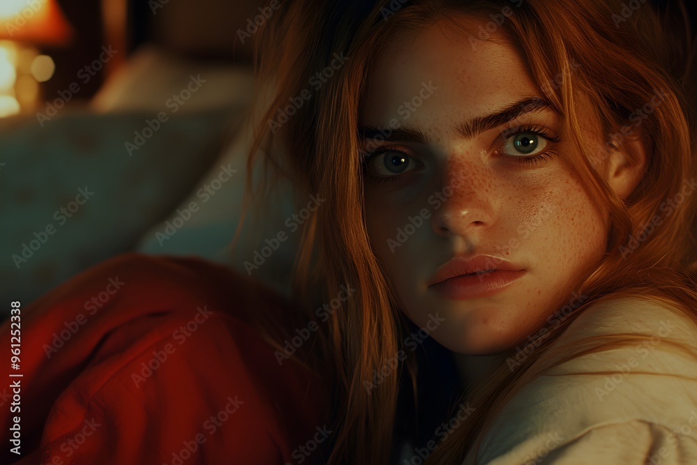 Fototapeta premium Closeup Portrait of a Young Woman with Red Hair and Freckles