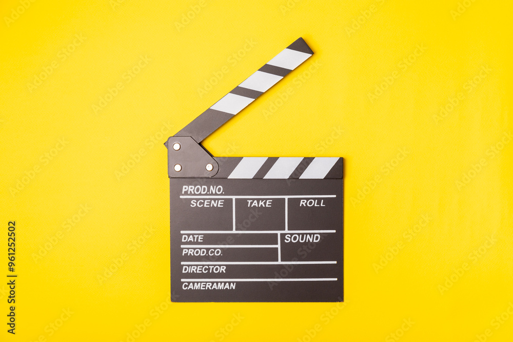 Naklejka premium Movie clapper. Movie clapperboard on a bright colored background. Concept of rest and entertainment. Concept of cinema. Film director. Producer. Business and profession. Place for text. Copy space
