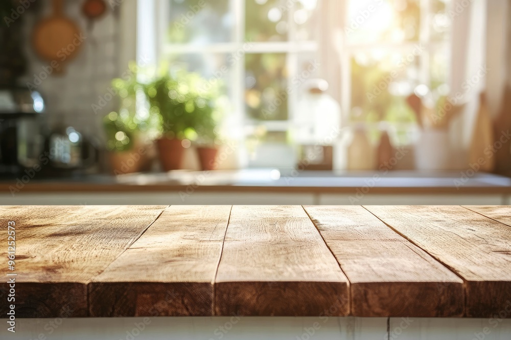 Wooden table top with copy space on blurred kitchen room interior and summer window background , ai Wooden table top with copy space on blurred kitchen room interior and summer window background , ai