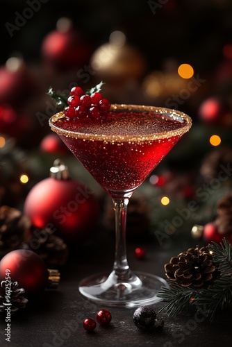 Christmas-themed cocktail with golden glitter lining the rim, traditional Christmas decorations and baubles create a cozy, celebratory atmosphere