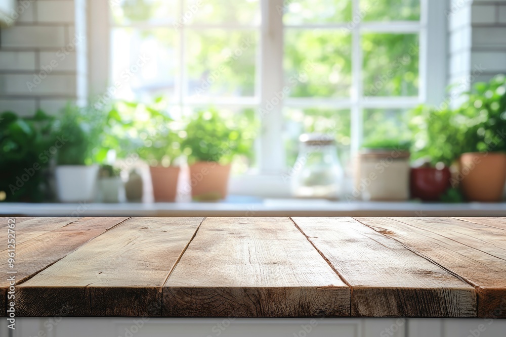 Wooden table top with copy space on blurred kitchen room interior and summer window background , ai Wooden table top with copy space on blurred kitchen room interior and summer window background , ai