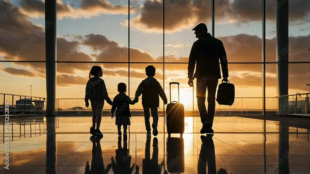 Family at airport travelling with young child and luggage walking to departure gate, girl pointing at airplanes through window, silhouette of people, abstract international Family at airport travelling with young child and luggage walking to departure gate, girl pointing at airplanes through window, silhouette of people, abstract international
