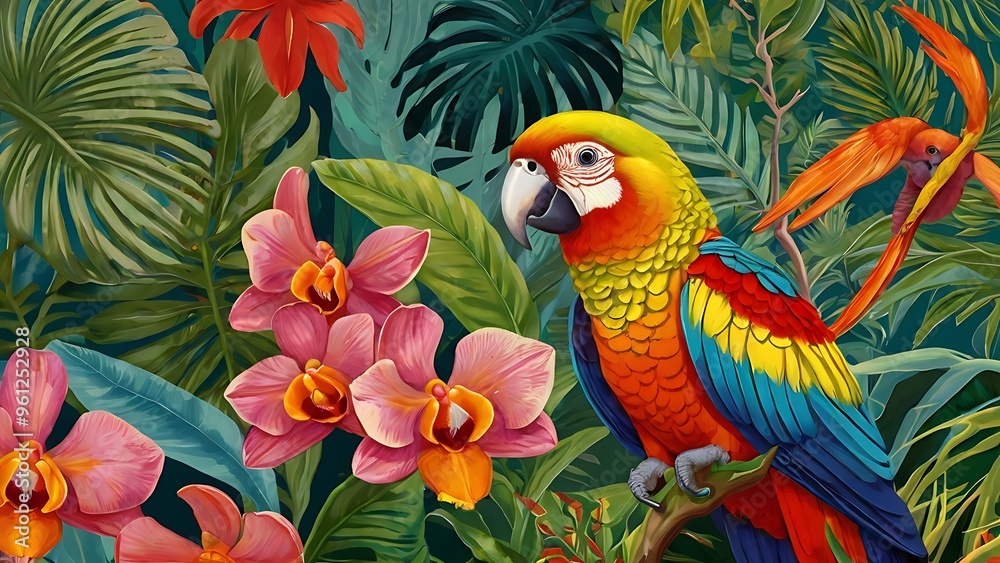 Fototapeta premium Beautiful painting of a colorful parrot covered in green forest leaves, unique bird with colorful feathers