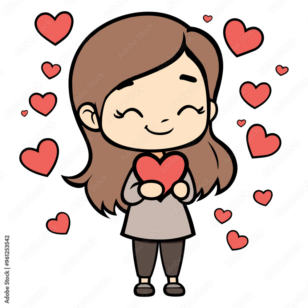 Cute Lovely Girls Holding Hearts. Flat Vector Illustration Cute Lovely Girls Holding Hearts. Flat Vector Illustration