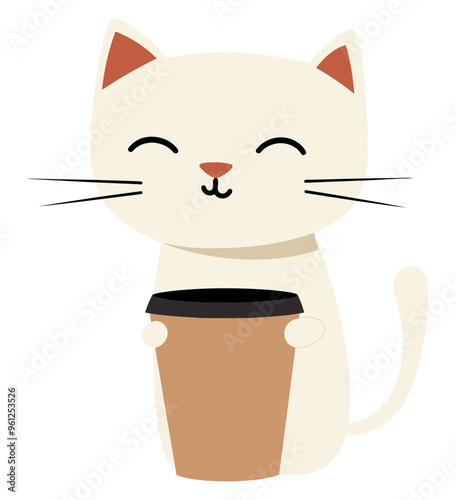 Cute Cat with Coffee Cup. Flat Vector Illustration