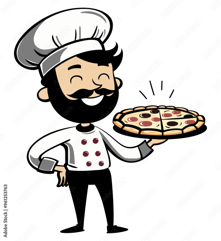 Chef Holding Pizza in Hand Cartoon. Flat Vector Illustration Chef Holding Pizza in Hand Cartoon. Flat Vector Illustration