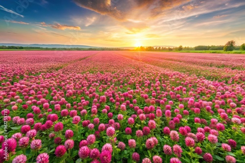 Aerial view of blooming meadow with pink clover flowers