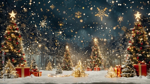 Enchanting forest scene with glowing christmas trees, starry snowflakes, and red gift boxes photo