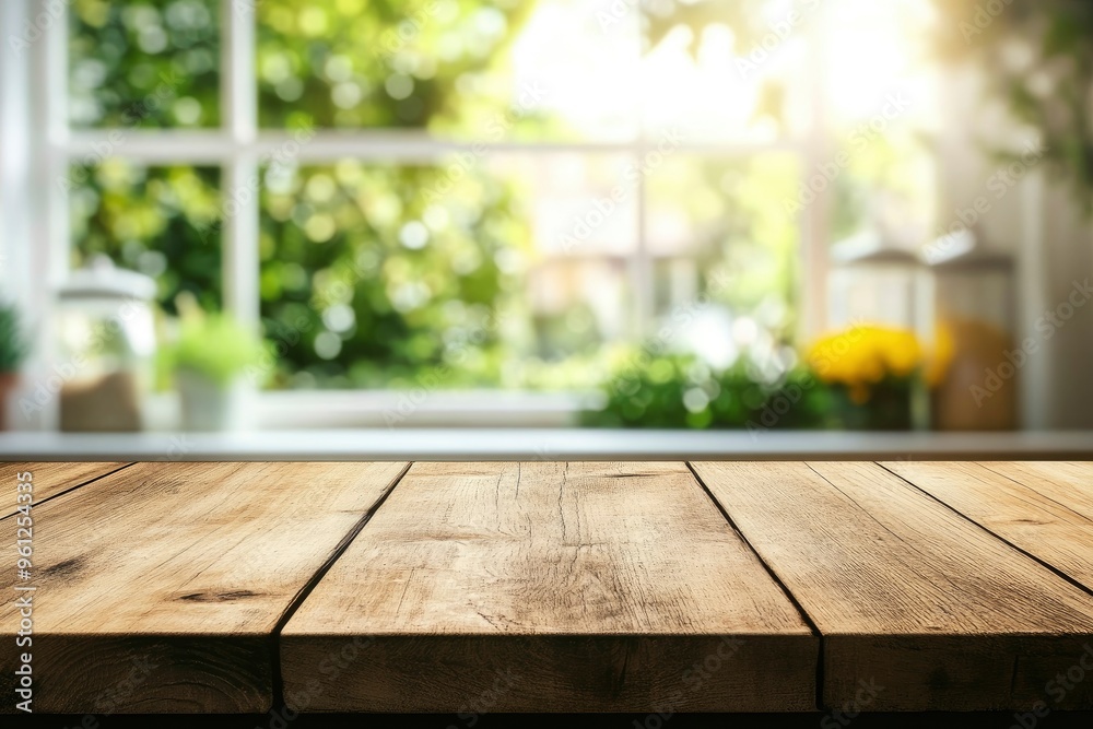 Wooden table top with copy space on blurred kitchen room interior and summer window background , ai Wooden table top with copy space on blurred kitchen room interior and summer window background , ai