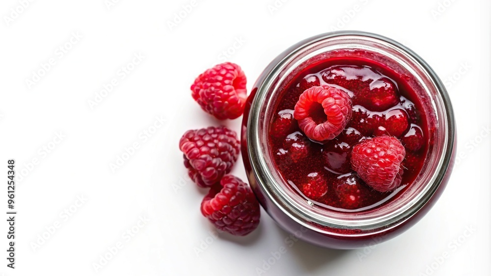 Aerial view of canned raspberry jam in glass jar on white background Aerial view of canned raspberry jam in glass jar on white background