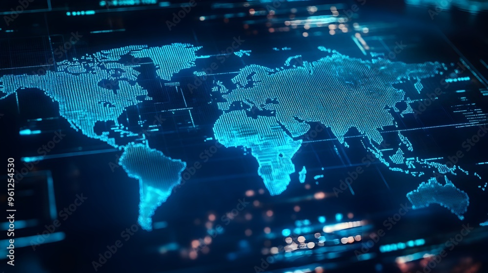 Holographic projection of a detailed world map highlighting major countries their borders and geographic regions Holographic projection of a detailed world map highlighting major countries their borders and geographic regions
