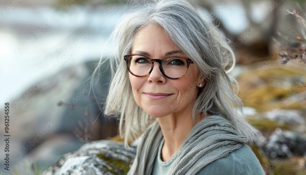 Portrait of Senior Woman with Gray Hair and Glasses in Serene Natural Environment, Peaceful Expression Portrait of Senior Woman with Gray Hair and Glasses in Serene Natural Environment, Peaceful Expression