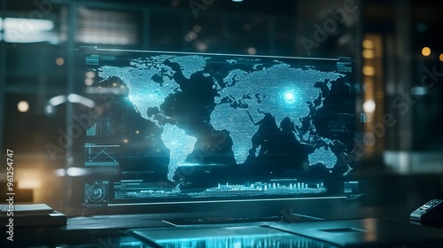 Fototapeta Naklejka Na Ścianę i Meble -  Holographic display of a world map showcasing time zones across all continents representing global connectivity data visualization and technological advancement