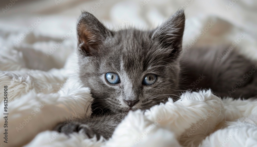 Adorable Gray Kitten with Blue Eyes on Soft Bed, Close-Up with Soft Background
