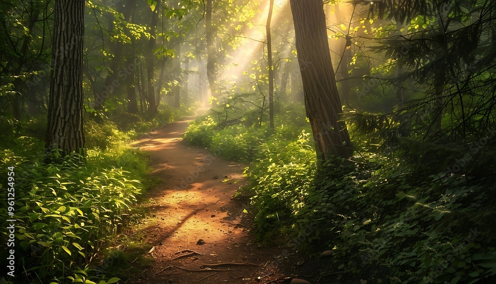 Morning in the autumn forest with sunbeams Morning in the autumn forest with sunbeams
