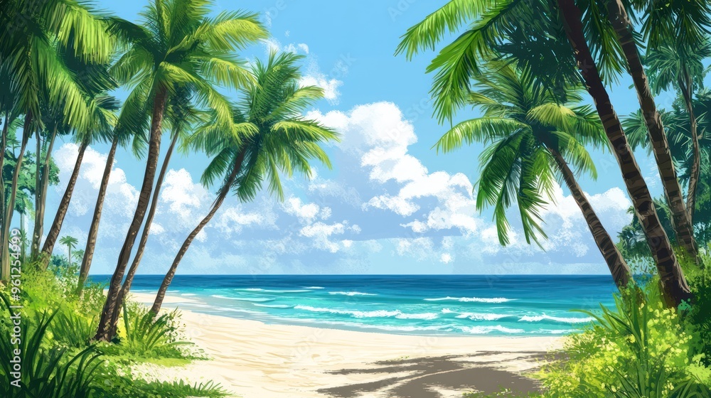 A beautiful beach with palm trees and a clear blue ocean A beautiful beach with palm trees and a clear blue ocean