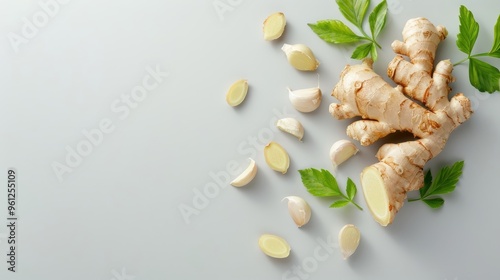 Artistic display of ginger root arranged in a spiral pattern on a minimalistic background.