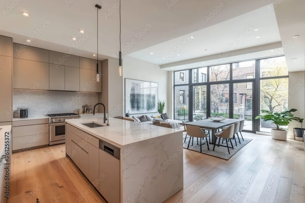 Modern kitchen and dining area with large windows and minimalist design. Modern kitchen and dining area with large windows and minimalist design.