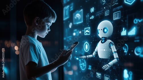 A young boy is looking at a robot on a screen while holding a cell phone