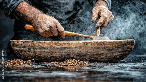 Wooden boatbuilder working by hand, classic tools, rough wood, water reflection in background, nautical heritage, vintage, high detail photo