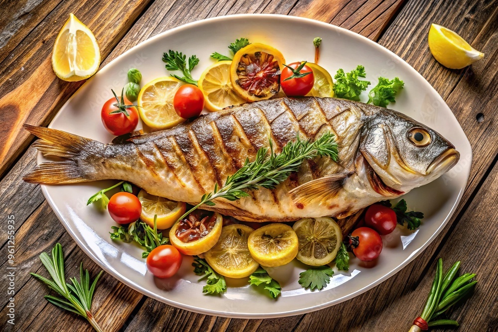 Aerial view of delicious grilled fish in elegant restaurant setting Aerial view of delicious grilled fish in elegant restaurant setting