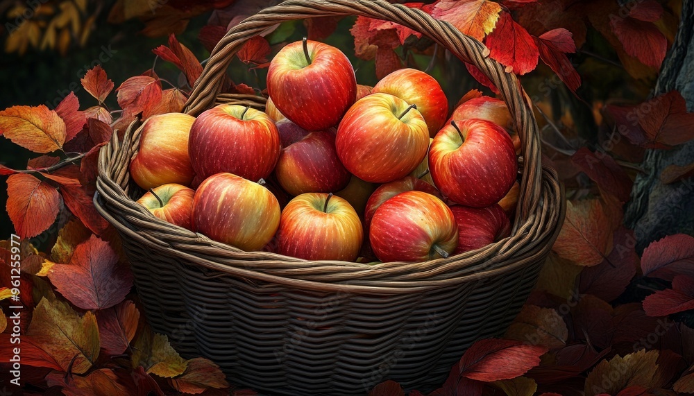 Basket of Apples and Pumpkins in an Autumn Field with Warm Sunlight Basket of Apples and Pumpkins in an Autumn Field with Warm Sunlight