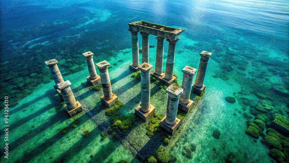 Aerial view of dilapidated temple columns on ocean floor Aerial view of dilapidated temple columns on ocean floor