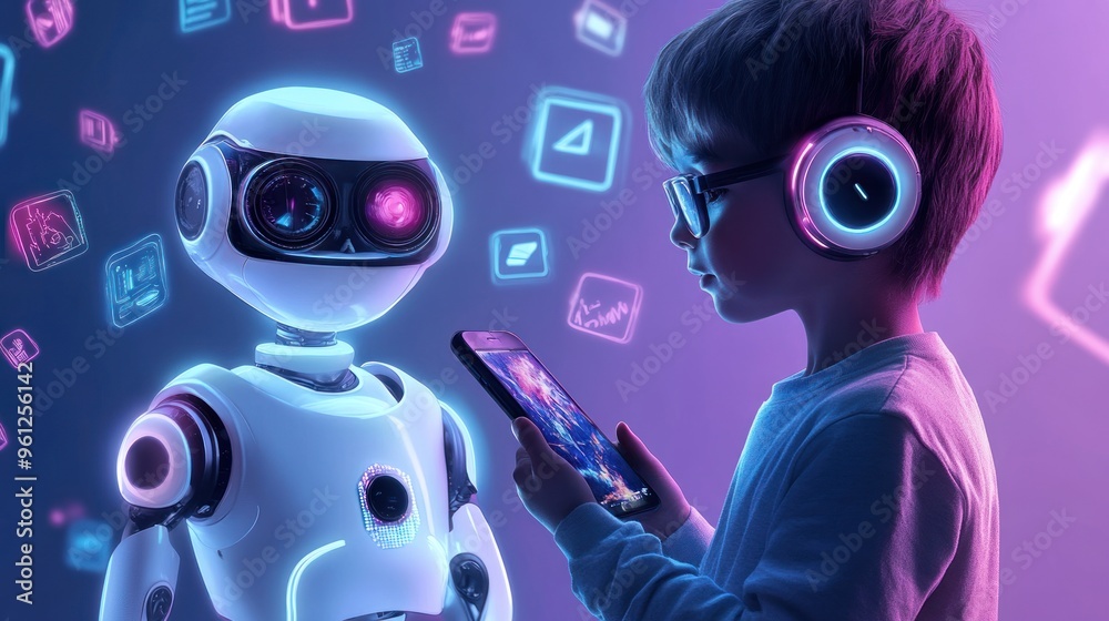 A young boy is looking at a robot on a screen while holding a cell phone