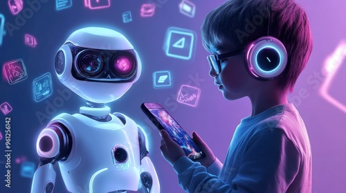 A young boy is looking at a robot on a screen while holding a cell phone