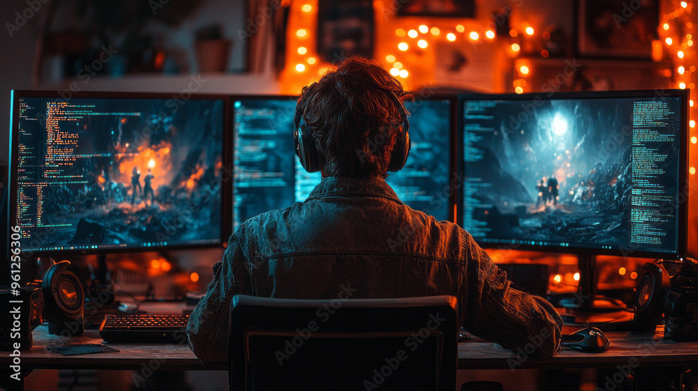 A young developer working on a video game in a sleek home setup, A young developer working on a video game in a sleek home setup,