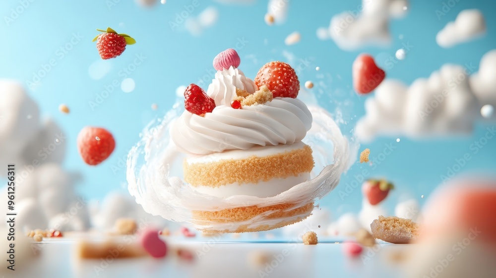 Surreal vision of mini cheesecake melting into swirling flavors and textures. Surreal vision of mini cheesecake melting into swirling flavors and textures.