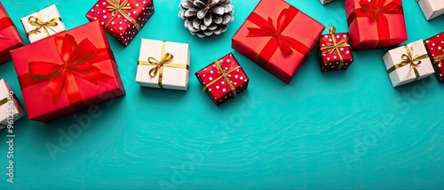 Festive Red Gift Boxes and Pine Cone on Turquoise Background photo