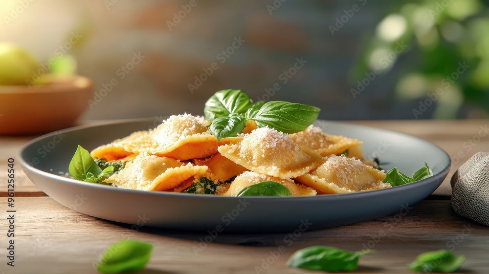 An illustration of spinach and cheese ravioli, arranged on a plate and topped with grated parmesan and fresh basil, highlighting the vibrant colors and textures. An illustration of spinach and cheese ravioli, arranged on a plate and topped with grated parmesan and fresh basil, highlighting the vibrant colors and textures.