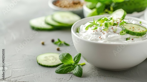 Cucumber-themed dish like cucumber and yogurt salad or cucumber sandwiches, with fresh cucumbers as a key ingredient, set on a clean table.