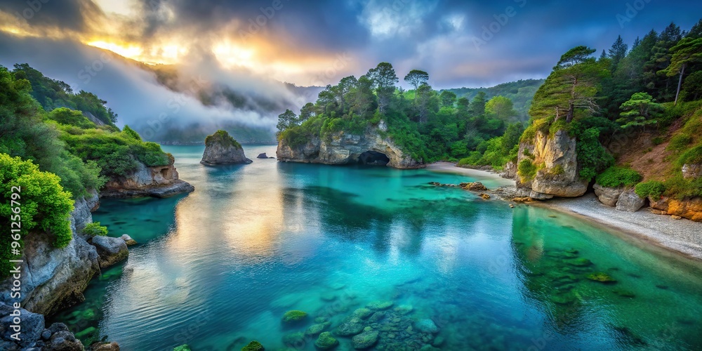 Serene dawn at a secluded cove, early morning mist slowly lifting, revealing weathered cliffs, calm turquoise water, and lush greenery. Serene dawn at a secluded cove, early morning mist slowly lifting, revealing weathered cliffs, calm turquoise water, and lush greenery.