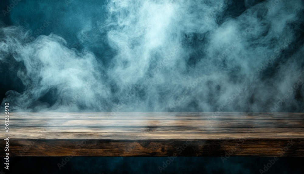 Smoke and Mist Hovering Over Wooden Table in Dark Atmosphere