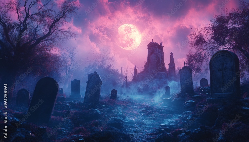 Halloween Background with Cemetery Silhouettes and Fog in Dark Blue Light Halloween Background with Cemetery Silhouettes and Fog in Dark Blue Light