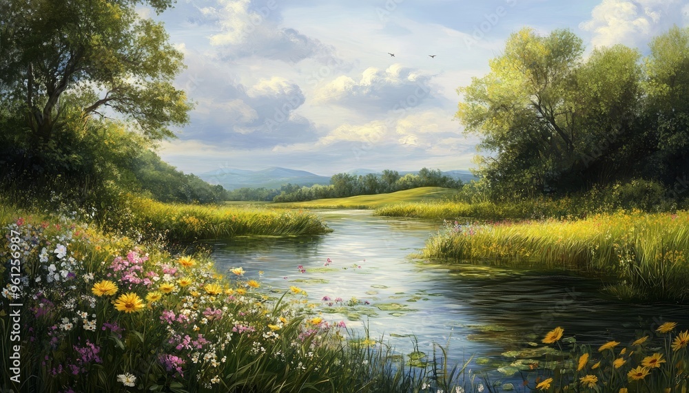 Painting of a River with Colorful Flowers Trees Under Blue Sky Painting of a River with Colorful Flowers Trees Under Blue Sky