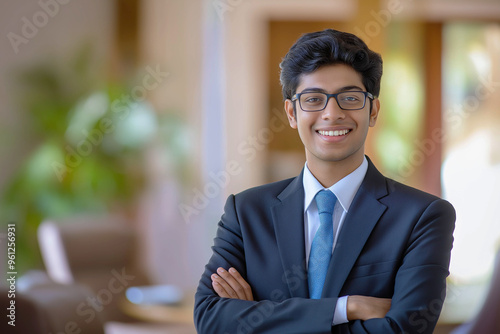 A young man, a businessman of Indian appearance, a lawyer in a business suit for a law firm, close-up with a smile on his face. Business style. Office work concept. Advertising banner. photo