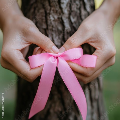 Close-up of hands tying pink ribbons around a tree in a park, representing unity in a breast cancer awareness campaign photo